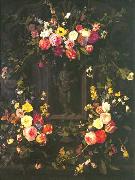 Jan Philip van Thielen Garland of flowers surrounding Christ figure in grisaille Sweden oil painting artist